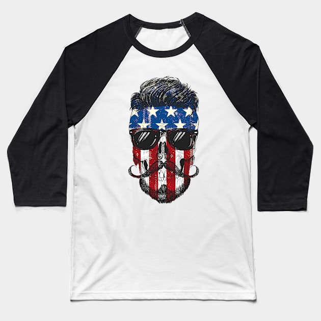 Hipster American Flag Skull Baseball T-Shirt by rjzinger